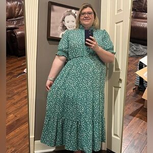 Forest Green Ruffle Neck Smocked Waist Long Dress By Adorne, Size 22W